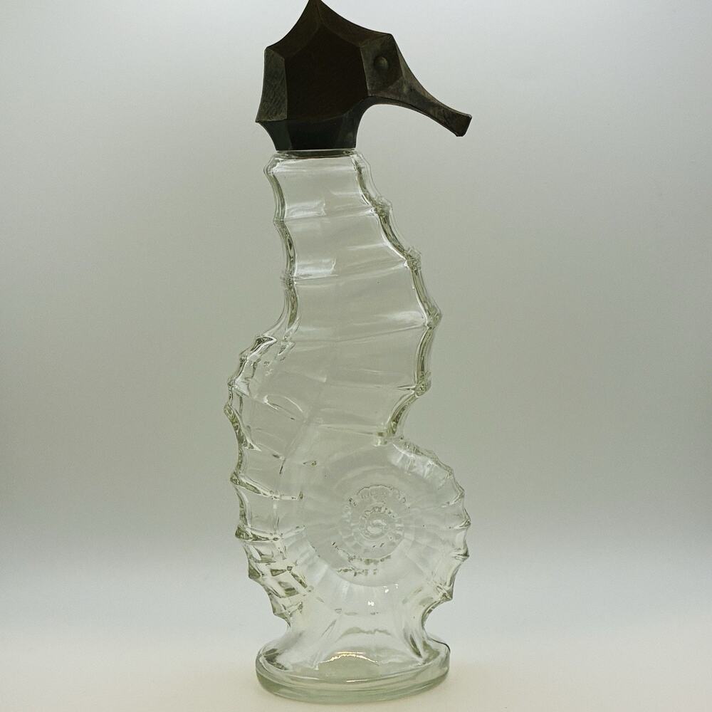 Avon Seahorse Glass Bottle Decanter Screw On Lid Nautical Decor Vintage 8.75"